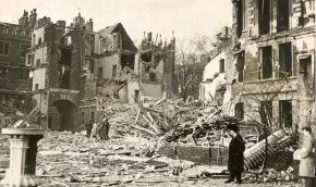 Crown Office Row, showing the garden sundial, after being hit by a WWII incendiary bombs