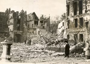 Crown Office Row, showing the garden sundial, after being hit by a WWII incendiary bombs