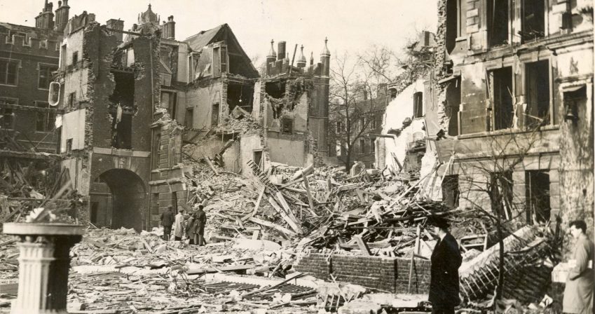 Crown Office Row, showing the garden sundial, after being hit by a WWII incendiary bombs