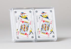 2 packs of cards in a box, jokers showing