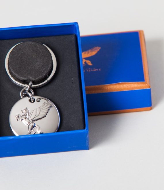 silver plated keyring, with raised pegasus, in display box