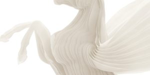 Abstract close-up of a sculptural horse form made from layered, paper-like contours in soft ivory tones. The horse's raised front leg and flowing mane are partially visible, with stacked, wavy layers creating a sense of movement against a pale background.
