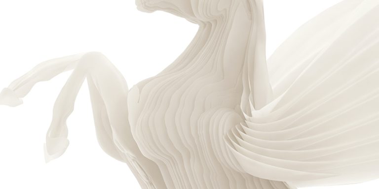 Abstract close-up of a sculptural horse form made from layered, paper-like contours in soft ivory tones. The horse's raised front leg and flowing mane are partially visible, with stacked, wavy layers creating a sense of movement against a pale background.