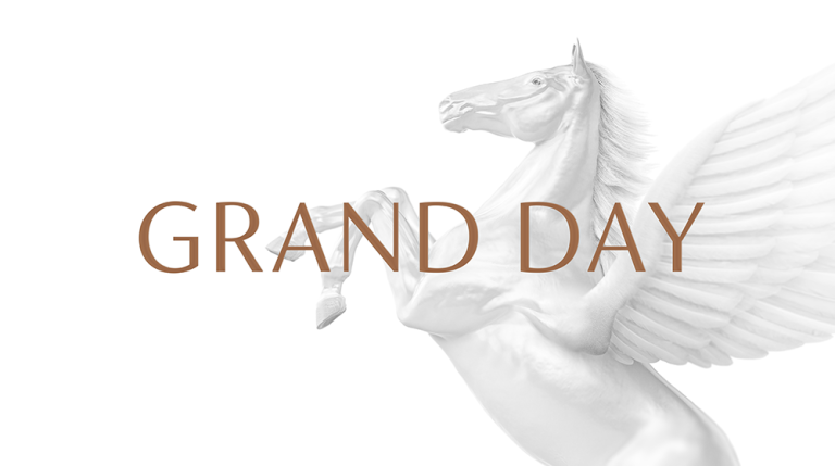 Pegasus logo in profile, with the text GRAND DAY in all caps overlaid in bronze