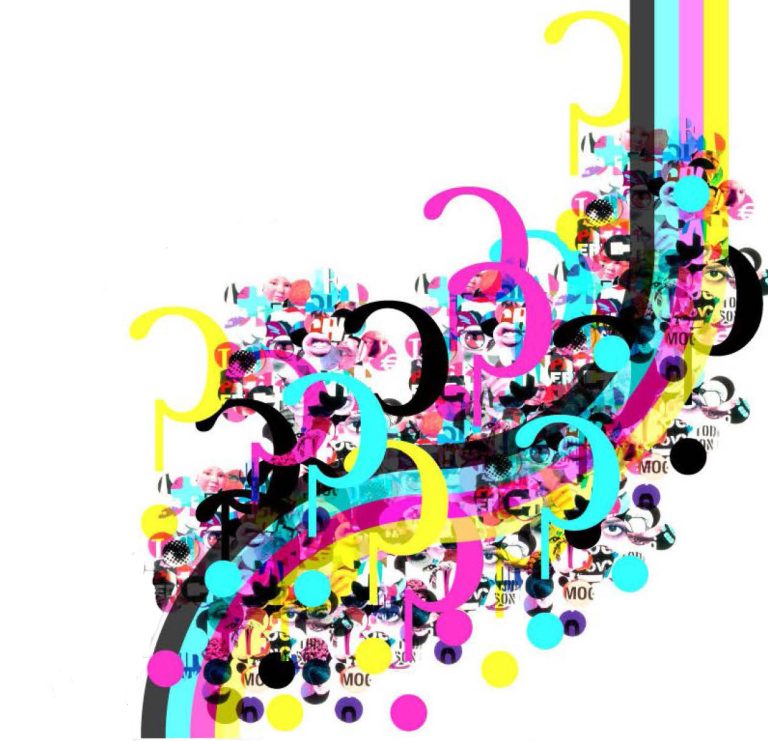 Abstract collage of colourful question marks and graphic elements symbolising curiosity, questions and ideas.