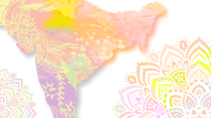 Watercolour map of South Asia in pastel pinks, oranges and yellows, decorated with floral and mandala patterns.
