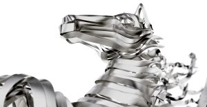 The head of a pegasus made out of steel ribbons viewed from slightly below