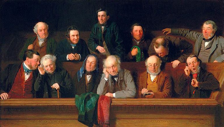 A historical courtroom-style painting showing eleven people seated and standing in wooden jury benches. The figures wear 19th-century clothing and are arranged in two rows. Several lean toward one another in conversation, while others rest their heads on their hands or look across the room. Rich brown wood tones contrast with dark clothing and a dark background, with a green cloth and a red patterned cloth draped over the front rail in the foreground.