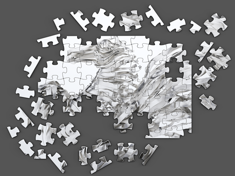 A jigsaw, partly assembled, showing the Pegasus made out of steel ribbons