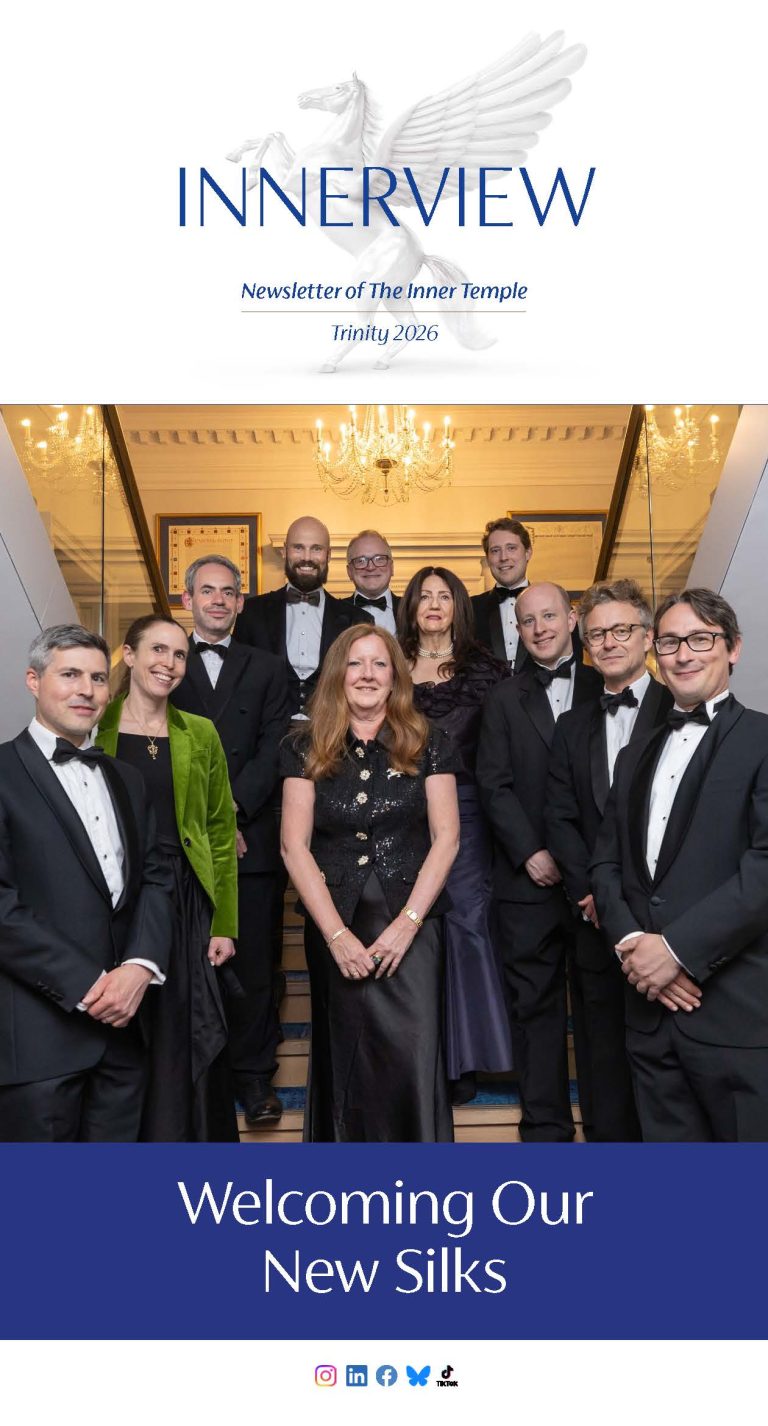 Cover of Innerview, the newsletter of The Inner Temple, Trinity 2026. The masthead appears in blue over a faint white Pegasus illustration. Below, a formal group photograph shows ten people in evening attire standing on a staircase beneath a chandelier inside an elegant building. Most wear black tuxedos or dark formal dress, with one person wearing a bright green jacket. A blue banner at the bottom reads “Welcoming Our New Silks.” Social media icons appear beneath the headline.
