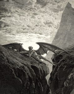 Black-and-white engraved illustration of a winged human-like figure reclining on a rocky cliff between steep crags. The figure rests its head on one hand while extending across a narrow gap, with large bat-like wings spread behind. A dramatic sky filled with clouds and a towering mountain rise in the background, rendered in dense cross-hatched lines characteristic of a nineteenth-century print.