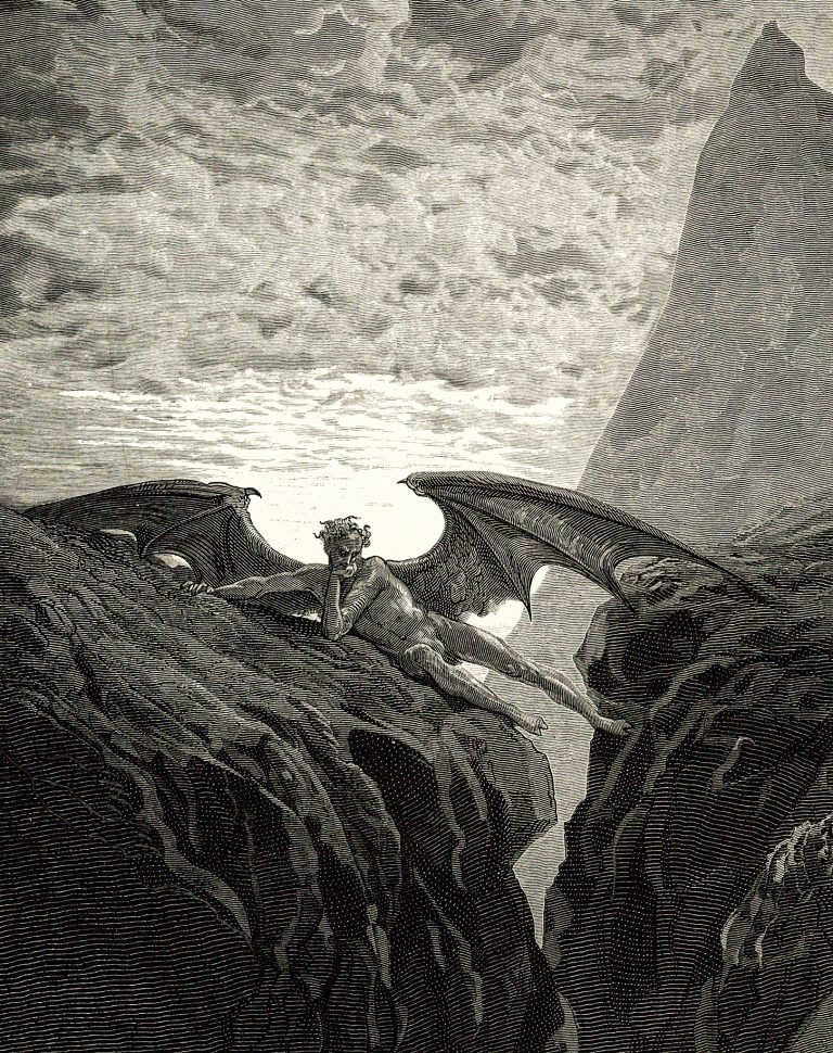 Black-and-white engraved illustration of a winged human-like figure reclining on a rocky cliff between steep crags. The figure rests its head on one hand while extending across a narrow gap, with large bat-like wings spread behind. A dramatic sky filled with clouds and a towering mountain rise in the background, rendered in dense cross-hatched lines characteristic of a nineteenth-century print.