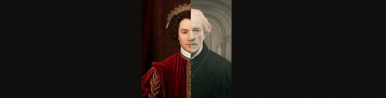 Composite portrait showing a face split down the middle between two historical-style figures. The left half wears an ornate red velvet garment and jeweled headpiece against a dark red background, while the right half wears a dark robe against a pale stone archway, highlighting a contrast between two eras or identities.