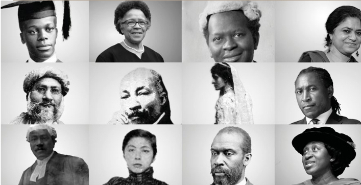 Black-and-white collage of twelve portrait photographs arranged in a 3-by-4 grid, showing individuals in judicial, legal, and professional attire.