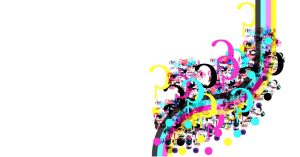 Abstract collage of colourful question marks and graphic elements symbolising curiosity, questions and ideas.